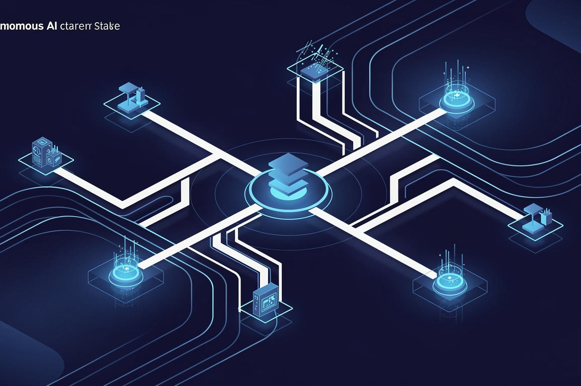 Abstract illustration of autonomous AI agent workflow with interconnected nodes and automated task pathways