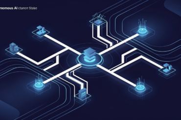 Abstract illustration of autonomous AI agent workflow with interconnected nodes and automated task pathways