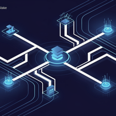Abstract illustration of autonomous AI agent workflow with interconnected nodes and automated task pathways