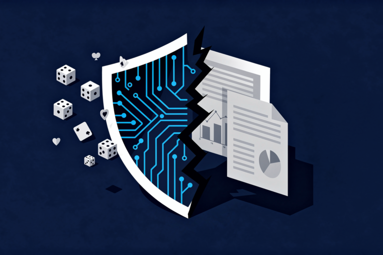 Abstract illustration depicting corporate liability shield fragmenting between entertainment and business purposes, representing Microsoft's Copilot policy shift