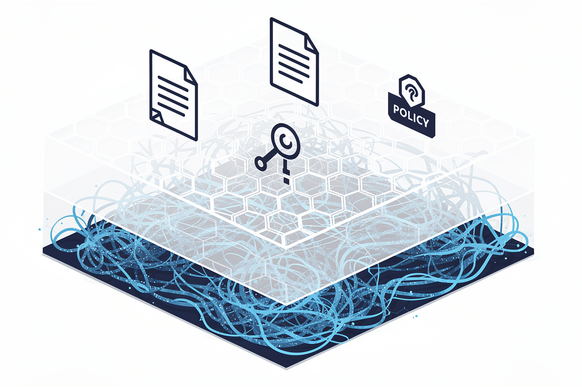 Illustration depicting AI policy enforcement architecture with layered system showing neural networks, governance layer, and policy controls
