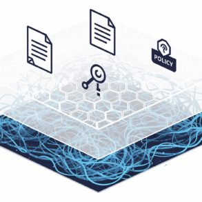 Illustration depicting AI policy enforcement architecture with layered system showing neural networks, governance layer, and policy controls