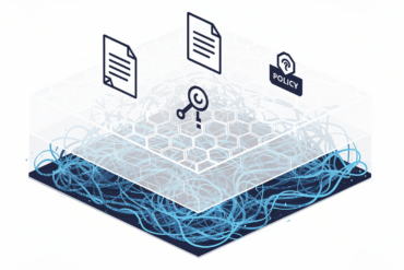 Illustration depicting AI policy enforcement architecture with layered system showing neural networks, governance layer, and policy controls