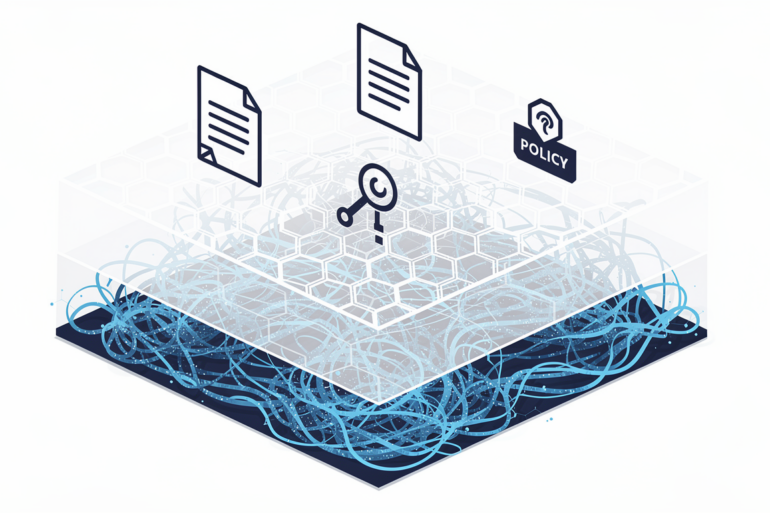 Illustration depicting AI policy enforcement architecture with layered system showing neural networks, governance layer, and policy controls