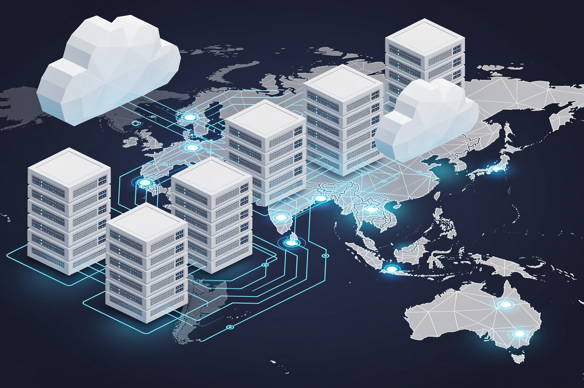 Abstract illustration of cloud infrastructure and server networks across Asia-Pacific region