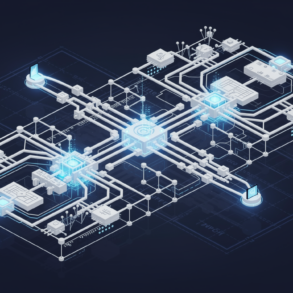 Abstract illustration representing quantum computing infrastructure integrated with AI optimisation networks