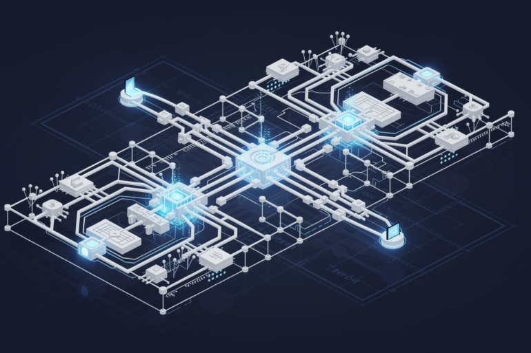Abstract illustration representing quantum computing infrastructure integrated with AI optimisation networks