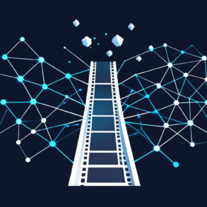 Abstract illustration of video frames connecting to startup ecosystem network, representing Runway's fund launch
