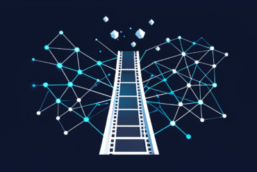 Abstract illustration of video frames connecting to startup ecosystem network, representing Runway's fund launch