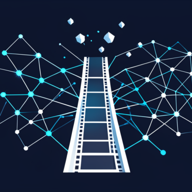 Abstract illustration of video frames connecting to startup ecosystem network, representing Runway's fund launch