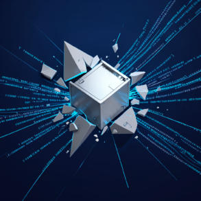 Abstract illustration of a security breach showing code leaking from a fractured digital vault