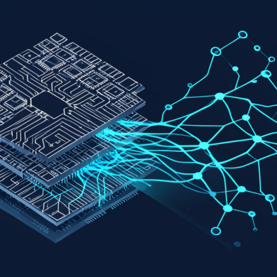 Abstract illustration of semiconductor circuit design merging with AI neural network patterns