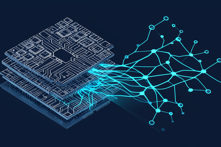 Abstract illustration of semiconductor circuit design merging with AI neural network patterns