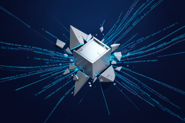 Abstract illustration of a security breach showing code leaking from a fractured digital vault