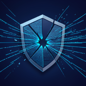 Abstract illustration of fractured security shield with dispersing code patterns representing Anthropic's source code leak