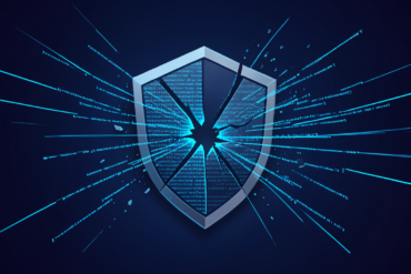 Abstract illustration of fractured security shield with dispersing code patterns representing Anthropic's source code leak