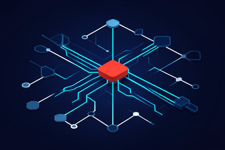 Abstract illustration of interconnected network nodes representing AI supply chain infrastructure with security vulnerability highlighted
