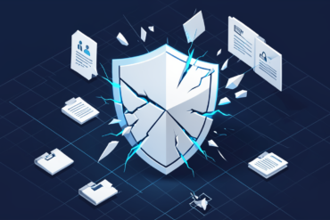 Abstract illustration depicting collateral damage from automated copyright enforcement, showing shield fragments striking document symbols