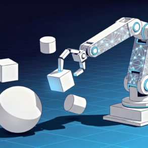 Abstract illustration of robotic arm manipulating geometric objects representing AI-driven task generalisation