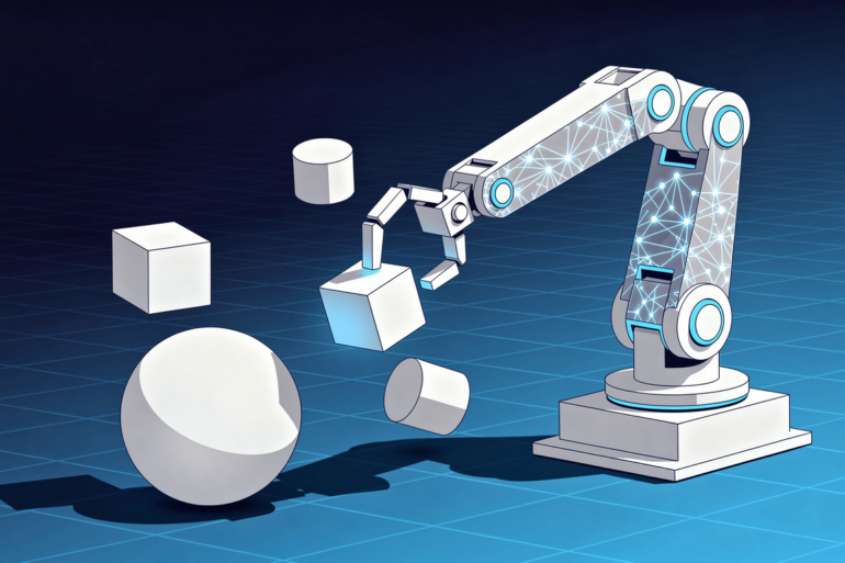 Abstract illustration of robotic arm manipulating geometric objects representing AI-driven task generalisation