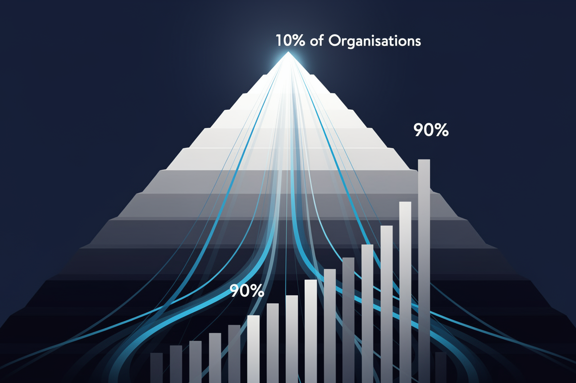 Illustration depicting concentration of AI value among top-performing organisations with geometric pyramid showing disparity between leaders and laggards