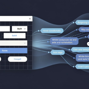 Abstract illustration depicting the transition from traditional button-based software interfaces to natural language agent interactions