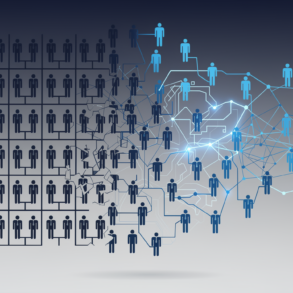 Editorial illustration depicting workforce reduction through AI automation with organizational structure dissolving into neural network patterns