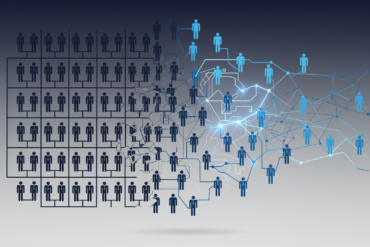 Editorial illustration depicting workforce reduction through AI automation with organizational structure dissolving into neural network patterns