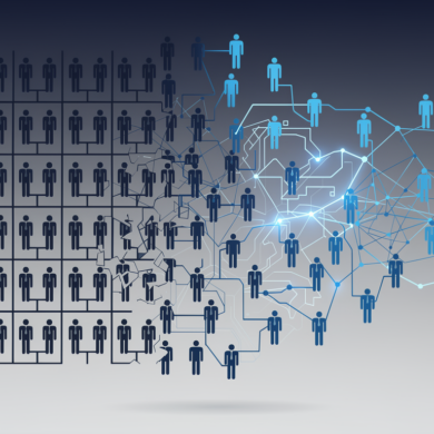 Editorial illustration depicting workforce reduction through AI automation with organizational structure dissolving into neural network patterns