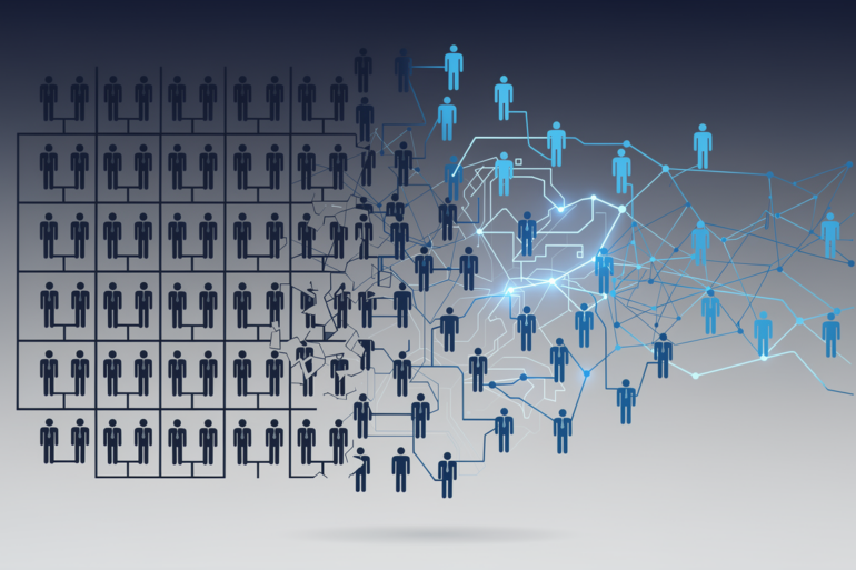 Editorial illustration depicting workforce reduction through AI automation with organizational structure dissolving into neural network patterns