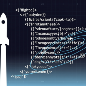 Editorial illustration depicting SpaceX rocket and AI coding symbols merging in geometric composition