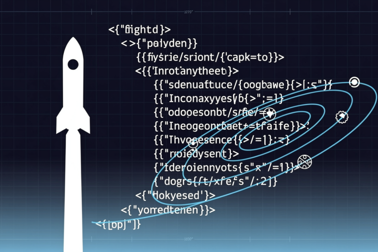 Editorial illustration depicting SpaceX rocket and AI coding symbols merging in geometric composition