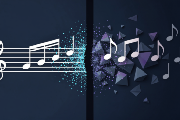 Abstract illustration of musical notation fragmenting into digital elements, representing copyright enforcement challenges in AI music platforms