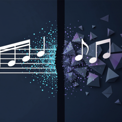 Abstract illustration of musical notation fragmenting into digital elements, representing copyright enforcement challenges in AI music platforms