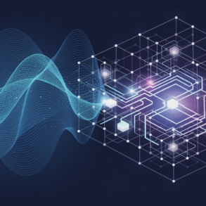 Abstract illustration depicting quantum and classical computing systems merging into hybrid architecture for AI acceleration