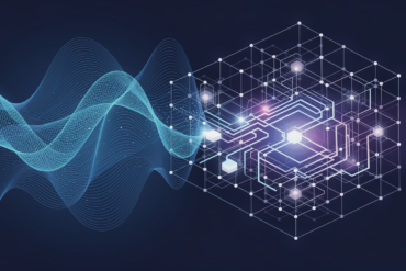 Abstract illustration depicting quantum and classical computing systems merging into hybrid architecture for AI acceleration