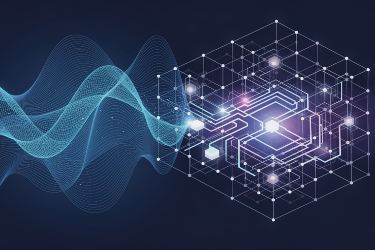 Abstract illustration depicting quantum and classical computing systems merging into hybrid architecture for AI acceleration