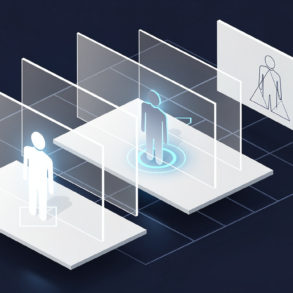 Abstract illustration representing AI-generated video avatars in corporate enterprise environment with geometric shapes and digital elements