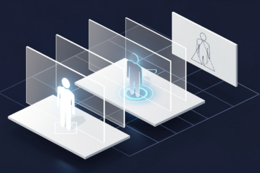 Abstract illustration representing AI-generated video avatars in corporate enterprise environment with geometric shapes and digital elements