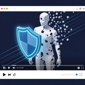 Editorial illustration depicting YouTube's content protection system with shield symbol over fragmented digital silhouette representing deepfake detection