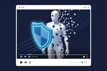 Editorial illustration depicting YouTube's content protection system with shield symbol over fragmented digital silhouette representing deepfake detection