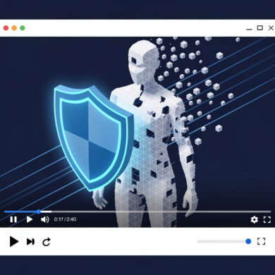 Editorial illustration depicting YouTube's content protection system with shield symbol over fragmented digital silhouette representing deepfake detection