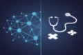 Abstract illustration comparing AI diagnostic systems with traditional emergency medicine through geometric shapes and medical symbols