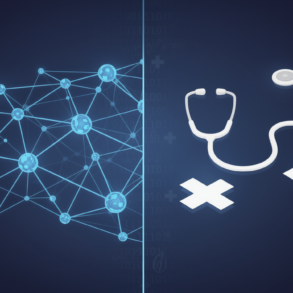 Abstract illustration comparing AI diagnostic systems with traditional emergency medicine through geometric shapes and medical symbols