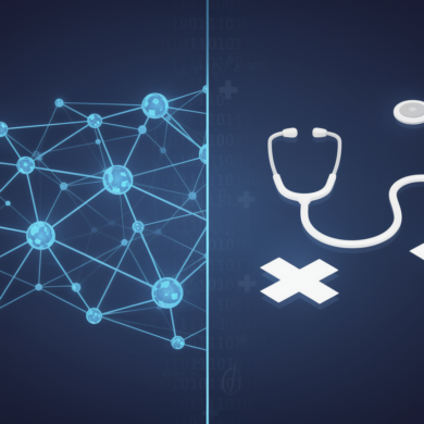 Abstract illustration comparing AI diagnostic systems with traditional emergency medicine through geometric shapes and medical symbols