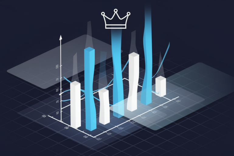Abstract illustration of inflated revenue charts reaching towards a crown, representing manipulated AI startup valuations