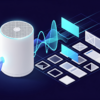 Abstract illustration of AI-generated audio content flowing from smart speaker device