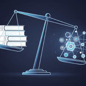 Editorial illustration of balance scales weighing books against AI network nodes, representing copyright valuation dispute