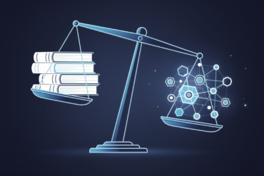Editorial illustration of balance scales weighing books against AI network nodes, representing copyright valuation dispute