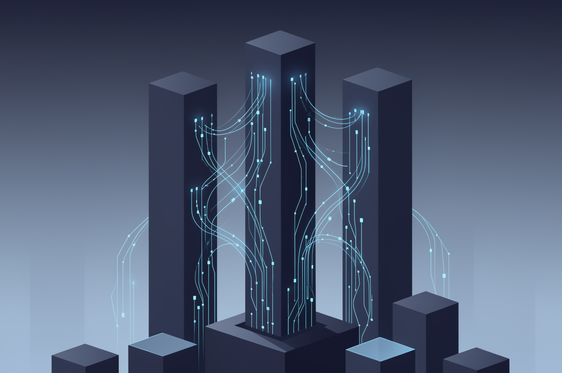 Abstract illustration of three connected institutional structures representing Anthropic's enterprise AI partnership with major financial institutions